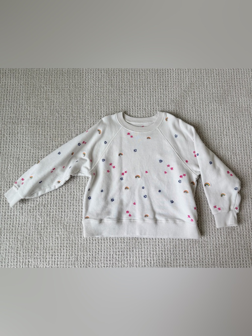 Something Navy Cream Sweatshirt with Pink Floral Embroidery and Rainbow Accents